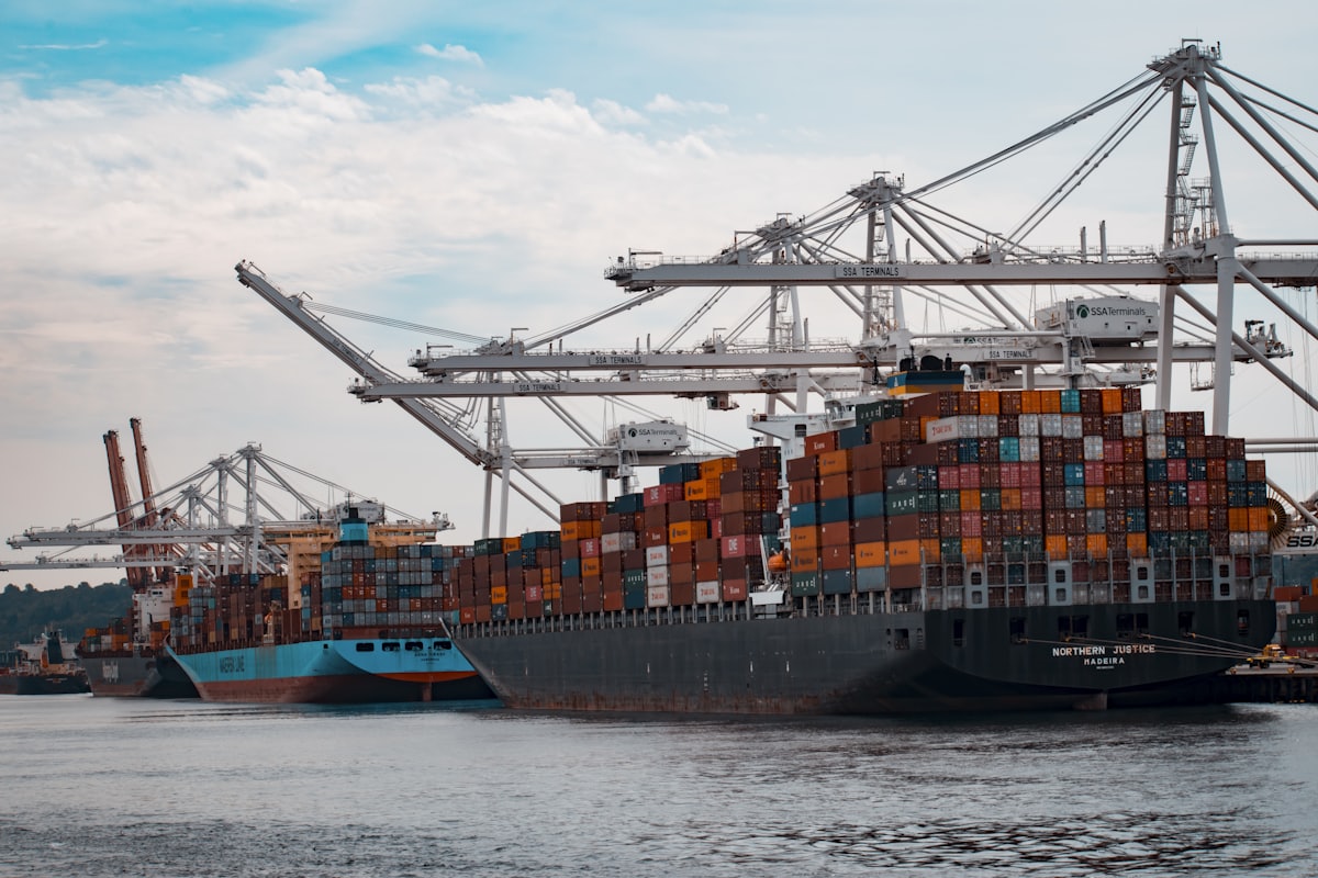 Container ship loading at port